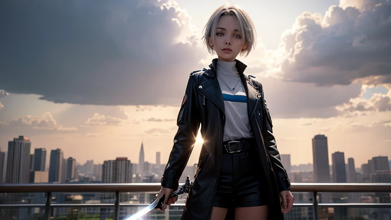 A beautiful girl with short silver hair, full height, clothes from the future but ruined, in a city with the theme of the future but similar to the apocalypse, in her hand a sword of light and a light from the sky and between the clouds shines on her, a fi...