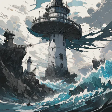 Lighthouse, aesthetic, extremely detailed, Daniel Merriam, by john blanche, M. C. Esher, ink drawing, dirty ink, frostpunk, lighthouse, blue ink ocean, lighthouse on an island, black ink