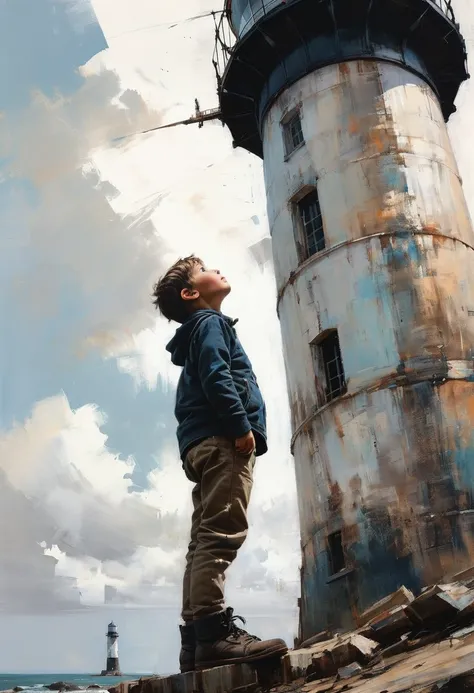 boy stand under Lighthouse, Looking up, from below, by Guy Denning, (best quality, masterpiece, Representative work, official art, Professional, 8k, Ultra intricate detailed:1.3)