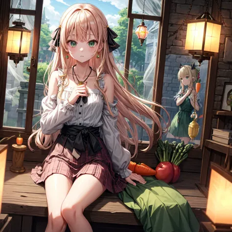 pink blonde、green eyes、one good looking girl、solo、anime、plaid mini skirt、the skirt has buttons、black camisole、black t-shirt、dress、wearing a ribbon、ribbon at waist、cloak、hood、clouds are swirling、stone slabs are piled up、raising one hand、crystal earrings、veg...