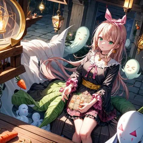 pink blonde、green eyes、one good looking girl、solo、anime、plaid mini skirt、the skirt has buttons、black camisole、black t-shirt、dress、wearing a ribbon、ribbon at waist、cloak、hood、clouds are swirling、stone slabs are piled up、raising one hand、crystal earrings、veg...