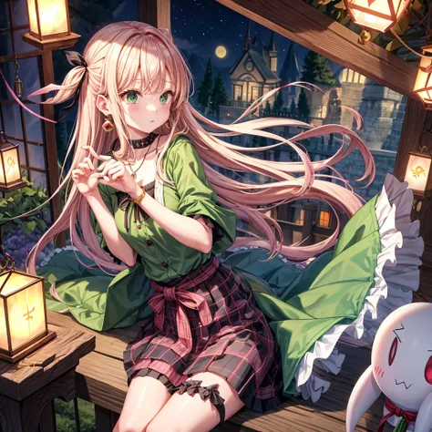 pink blonde、green eyes、one good looking girl、solo、anime、plaid mini skirt、the skirt has buttons、black camisole、black t-shirt、dress、wearing a ribbon、ribbon at waist、cloak、hood、clouds are swirling、stone slabs are piled up、raising one hand、crystal earrings、veg...