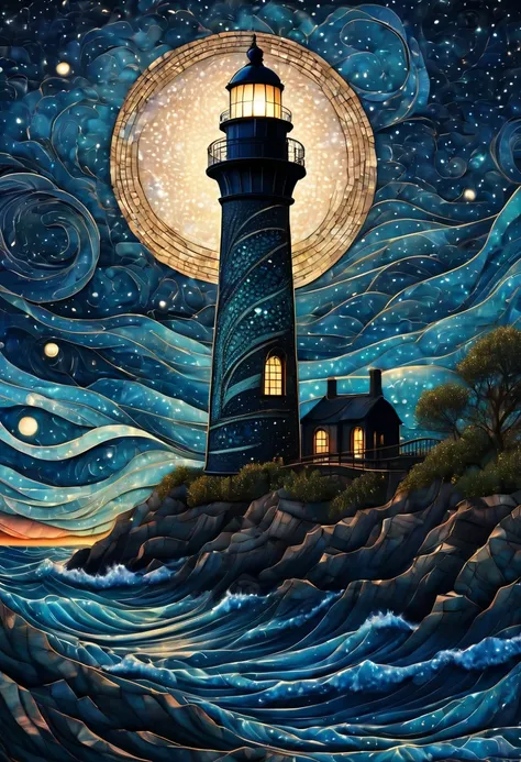 Magical starry cracked sky. zentangle art deco style Lighthouse, art deco style science fiction, magical art deco style future sea in background, vincent van gogh, about the curvature of space time, dark tones, (best quality,4k,8k,highres,masterpiece:1.2),...