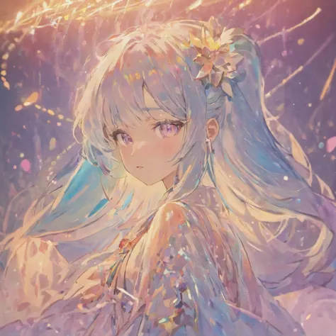 8k high quality, pastel iridescent holographic ombré long hair, japanese girls’ side-swept bangs, 2D anime girl, elegantly dressed, crystal-like iridescent ombré eyes, gorgeous elegant posture, E cup, headshot