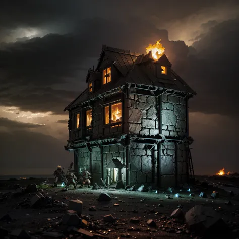 In the setting of warhammer fantasty, the Orcs have built a ramshackle jagged light house made of scrap metal and stone, a pyre blazes at its top. It is a dark stormy night