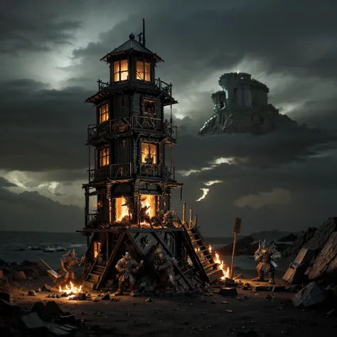 In the setting of warhammer fantasty, the Orcs have built a ramshackle jagged light house made of scrap metal and stone, a pyre blazes at its top. It is a dark stormy night