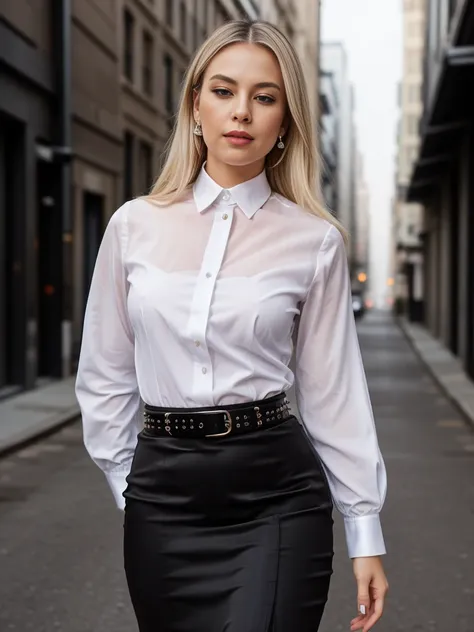 award-winning photograph capturing the allure of a brilliantly intelligent-looking office lady, solo against the backdrop of a m...