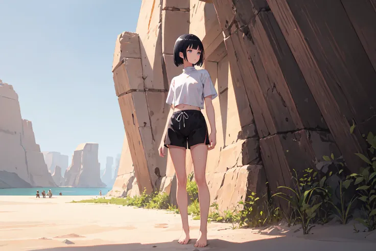 1girl, solo, slim, black hair, bob cut, bangs, white shirt, short sleeves, turtleneck, black sweat shorts, bare feet, standing, desert, [lake:9], front view, vibrant colors