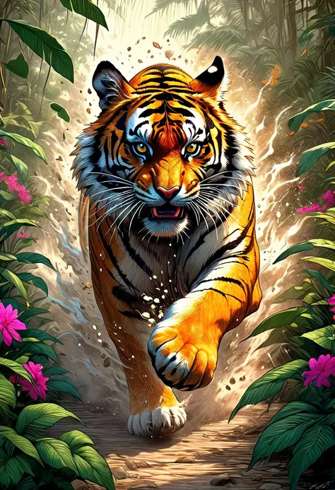 coomplex illustration of a mighty tiger in the jungle very fast  running to the viewer, trees and flower,  in a massive cloud of dust, agression, anger, hyperrealistic scene, heavy rain, detailed focus, art by Aaron Jasinski, epic fantasy scene, vivid colo...