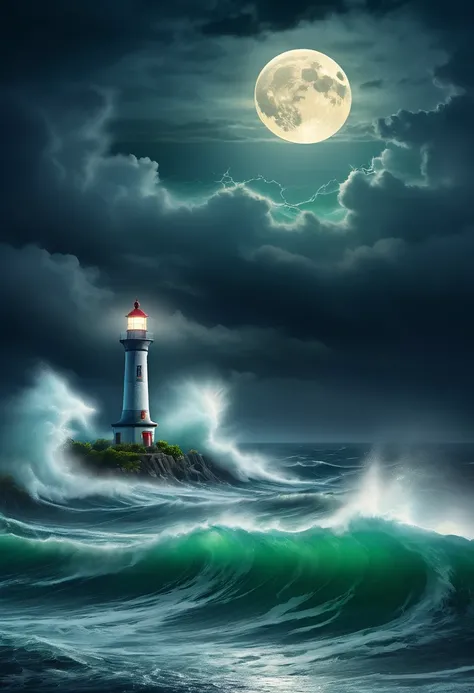 A solitary lighthouse battling the storm, the light of the full moon illuminating the tumultuous waves, the mystical mist adding an atmosphere of mystery and danger, while lightning rends the night sky, reflective water, ultrahigh definition, 3D depth, ins...