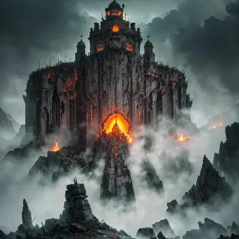 in the setting of warhammer fantasy, the orcs have built a ramshackle jagged lighthouse made of scrap metal and stone, a pyre bl...