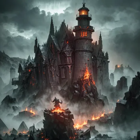 in the setting of warhammer fantasy, the orcs have built a ramshackle jagged lighthouse made of scrap metal and stone, a pyre bl...