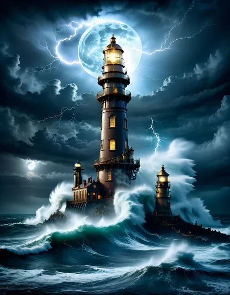 a solitary lighthouse steampunk battling the storm, the light of the full moon illuminating the tumultuous waves, the mystical m...