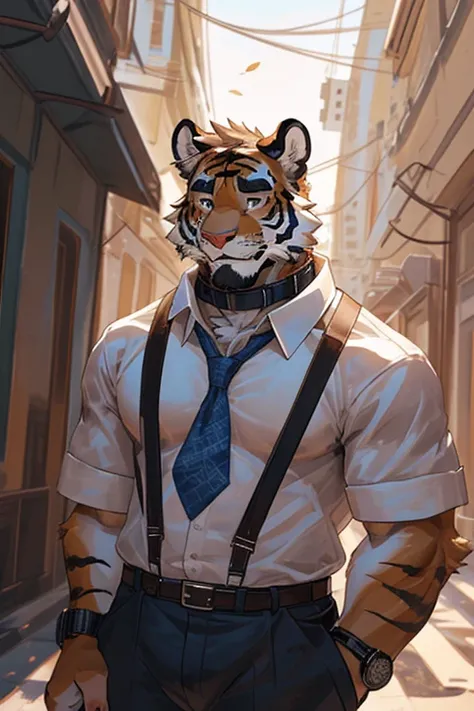 tiger, fat, shirt, 1boy, white shirt, upper body, male focus, collared shirt, pants, look to down me, suspenders, pectoral muscles, sleeves rolled up, watch, watch, wolf ears, beard, blush, sweat black and white stripes, collar dog, sweating, happy face, h...