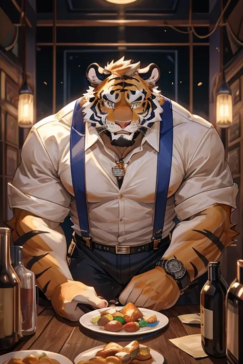 tiger, fat, shirt, 1boy, white shirt, upper body, male focus, collared shirt, pants, look to down me, suspenders, pectoral muscles, sleeves rolled up, watch, watch, wolf ears, beard, blush, sweat black and white stripes, collar dog, sweating, happy face, h...