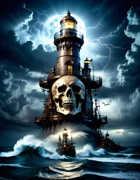 a solitary lighthouse steampunk battling the storm, the light of the full moon illuminating the tumultuous waves, ((the clouds i...