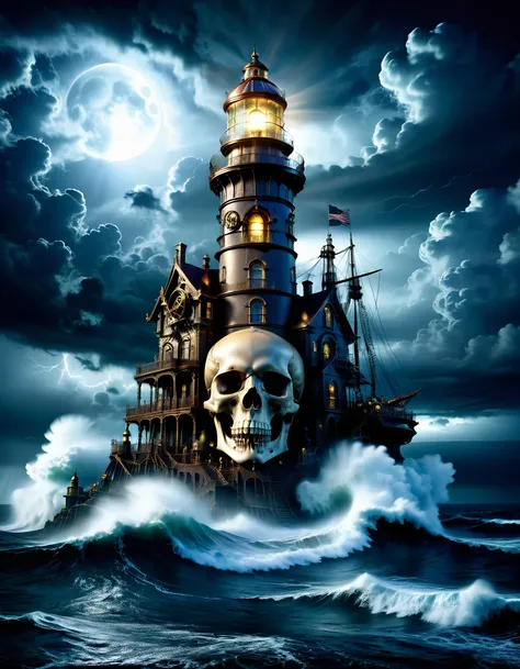 a solitary lighthouse steampunk battling the storm, the light of the full moon illuminating the tumultuous waves, ((the clouds i...