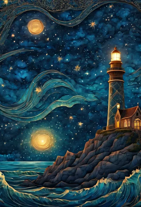 Magical starry cracked sky. zentangle art deco style Lighthouse, art deco style science fiction, magical art deco style future sea in background, vincent van gogh, about the curvature of space time, dark tones, (best quality,4k,8k,highres,masterpiece:1.2),...