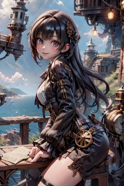 cute girl smiling, steampunk clothing, steampunk engineer, watching a lighthouse on a nearby cliff
