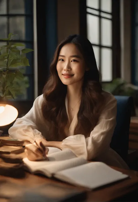 a wavy long haired korean german lady, writing a book sitting on a study chair, facing the window and a study table in front of a window, talking or smiling to the camera