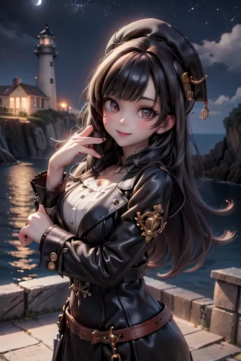 cute girl smiling, steampunk clothing, steampunk sea captain, watching a lighthouse on a nearby cliff , ((at night))