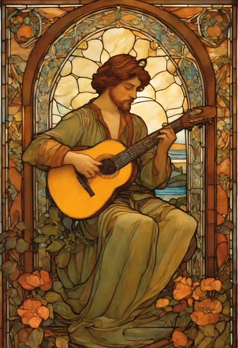 painting of a man playing a guitar in a stained glass window, moebius and alphonse mucha, sam guay, is playing a lute, by Rebecca Guay, the guitar player, maxim verehin stained glass, inspired by Girolamo Muziano, alphonse mucha. rich colors, artem demura....