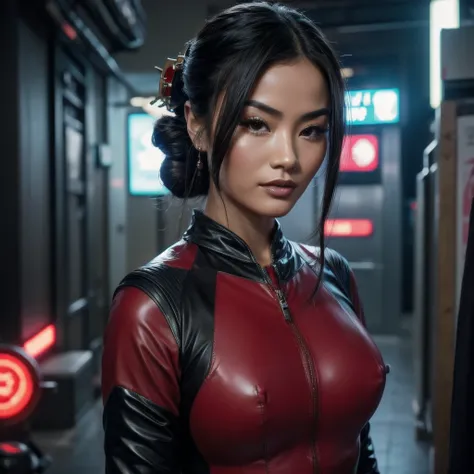 From below, a gorgeous asian woman, age 23, bun and wavy hair, shes a men magazine model, She has a subtle smile and flirts with the camera, (shes in the street of a futuristic cyberpunk city at night), (she’s wears a Victorian cyberpunk geisha red leather...