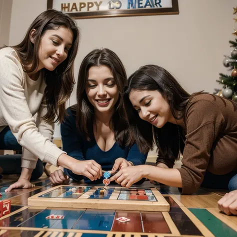 Happy family playing board games for New Year.