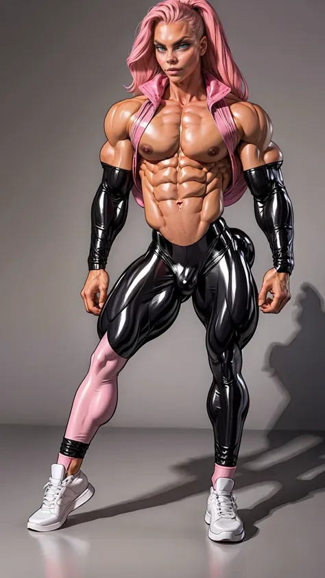 (1 girl), (cara delevingne), young girl, masculine physique, seductive face, seductive look, long pink hair, perfect muscular body, super skinny legs, latex pants, sissy, femboy, (huge muscular arms:1.25),