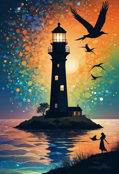 (best quality,highres:1.2),silhouette of a Lighthouse,colorful background,blue,orange,green,blurred,zentangle style,black,brown, crunch it, make it outstanding, the best emotive silhouette ever, sparkles, light explosions, flying birds, magical, thanks. By...