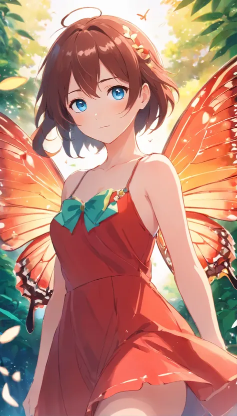 anime girl with blue eyes and red dress holding a butterfly, in dress, cute anime waifu in a nice dress, splash art anime , ross tran style, anime art wallpaper 8 k, anime style 4 k, cushart krenz key art feminine, anime moe artstyle, reddish-brown hair an...