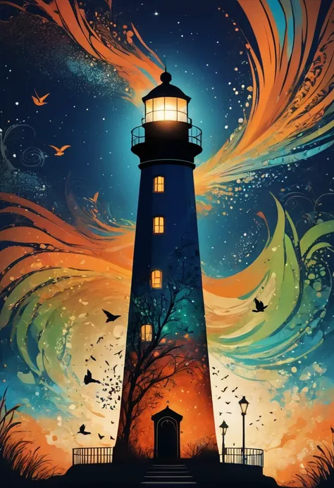 (best quality,highres:1.2),silhouette of a Lighthouse,colorful background,blue,orange,green,blurred,zentangle style,black,brown, crunch it, make it outstanding, the best emotive silhouette ever, sparkles, light explosions, flying birds, magical, thanks. By...