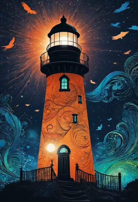 (best quality,highres:1.2),silhouette of a Lighthouse,colorful background,blue,orange,green,blurred,zentangle style,black,brown, crunch it, make it outstanding, the best emotive silhouette ever, sparkles, light explosions, flying birds, magical, thanks. By...