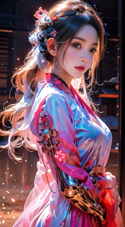 1 girl solo, perfect_hand, (8k, RAW photo, best quality, masterpiece:1.2), (realistic, photo-realistic:1.4), (extremely detailed CG unity 8k wallpaper),full body, (neon lightachop, mechanical arms, hanfu, Chinese clothes, dress,