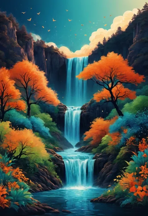 (best quality,highres:1.2),silhouette of a waterfall,colorful background,blue,orange,green,blurred,zentangle style,black,brown, crunch it, make it outstanding, the best emotive silhouette ever, sparkles, light explosions, flying birds, magical, thanks. By ...