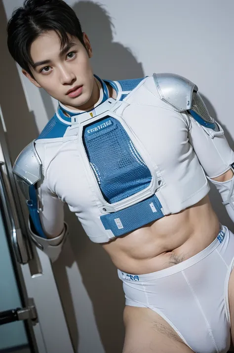 (masutepiece,High resolution,ultra - detailed:1.0),1(Boy,Robot Boy),Perfect male body,Look at the camera,Delicate eyes and delicate face,extremely details CG,Unity 8k壁纸,intricate-detail,solo person,Detailed face, (Futuristic skin-perfect white bodysuit), B...