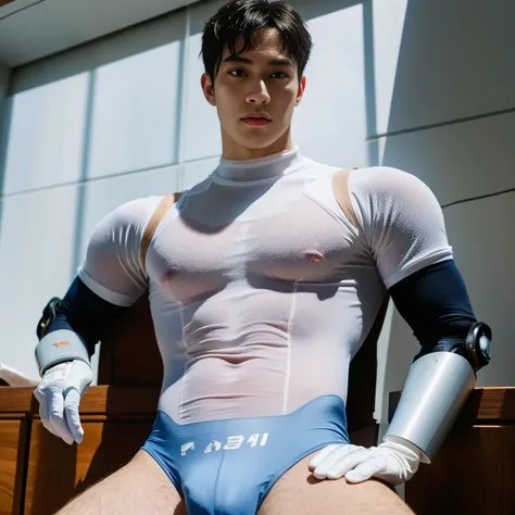 (masutepiece,High resolution,ultra - detailed:1.0),1(Boy,Robot Boy),Perfect male body,Look at the camera,Delicate eyes and delicate face,extremely details CG,Unity 8k壁纸,intricate-detail,solo person,Detailed face, (Futuristic skin-perfect white bodysuit), B...