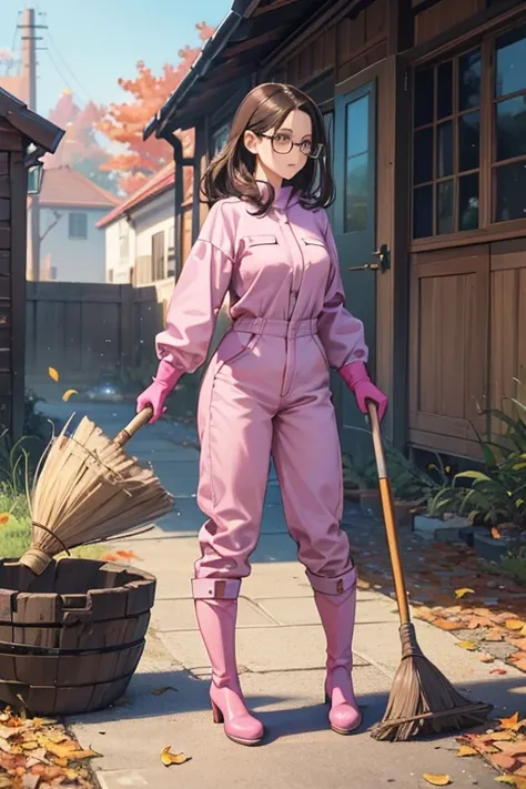 A dark-haired, bespectacled mature woman wearing pink gloves and blue jumpsuits and white rubber boots sweeps fallen leaves with a broom.