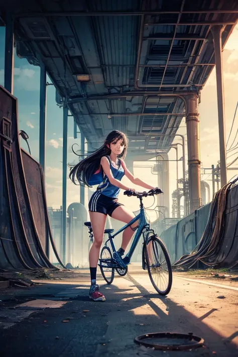 A girl riding a bicycle, at an abandoned petrochemical Structure in a futuristic city, basketball uniform, short shorts,