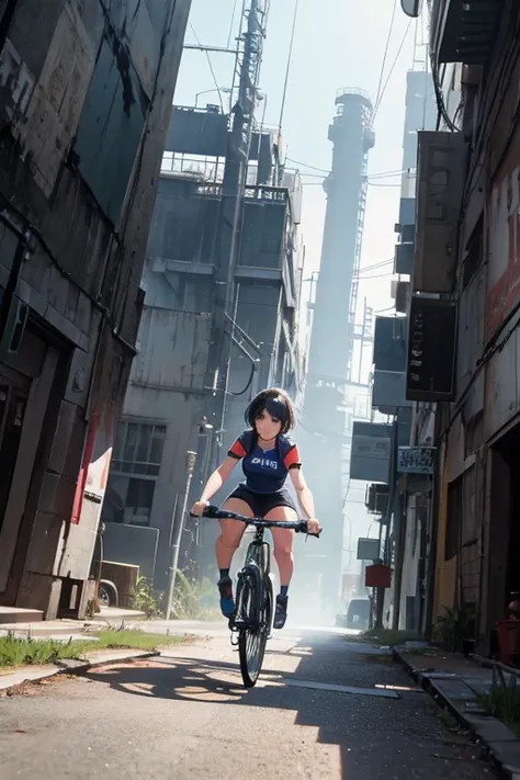 A girl riding a bicycle, at an abandoned petrochemical Structure in a futuristic city, basketball uniform, short shorts,