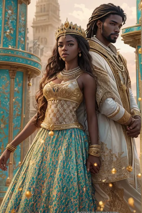 royal couple, inlove, a prince and a princesse, darkskin, coloured hair, coloured eyes, young, very beautiful, coverbook fantasy romance, african kingdom, celest kingdom, realistic, insanely realistic, coverbook, 8K, realistic.HD, 4K, HD, De vrais visages,...