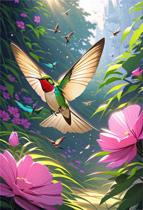 best quality,4k,8k,highres,masterpiece:1.2,ultra-detailed,realistic:1.37,hummingbird,bright vibrant colors,delicate feathers,hovering in mid-air,beautiful garden,fragrant flowers,buzzing insects,sunlit morning,sharp focus,artistic illustration