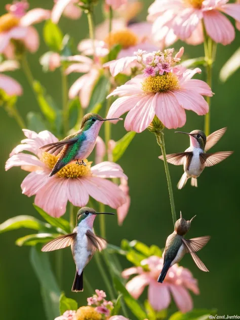 Hummingbirds gathered around the flower held by the girl