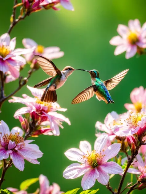 (best quality,4k,8k,highres,masterpiece:1.2),ultra-detailed,(realistic,photorealistic,photo-realistic:1.37),detailed hummingbirds, vibrant colors, beautiful girl, blooming flowers, natures harmony, delicate feathers, magical atmosphere, sunny day, enchanti...