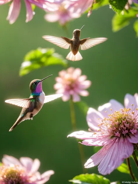 (best quality,4k,8k,highres,masterpiece:1.2),ultra-detailed,(realistic,photorealistic,photo-realistic:1.37),detailed hummingbirds, vibrant colors, beautiful girl, blooming flowers, natures harmony, delicate feathers, magical atmosphere, sunny day, enchanti...