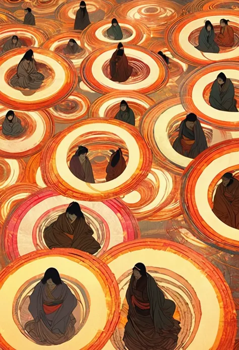 Huge multiple concentric circles of glowing halo。illustration风格，surreal composition，Mysterious light and shadow，central glow，Lowered eyes，warm tones，Ukiyo-e，illustration，masterpiece