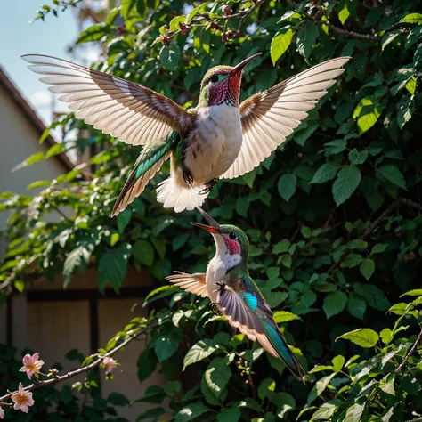 best quality,ultra-detailed,realistic,hummingbird,beautiful detailed feathers,vibrant colors,natural habitat,tropical flowers,hovering in mid-air,delicate wings,precise flight,nectar from flowers,breathtaking view,lush green foliage,bright sunlight,feeding...