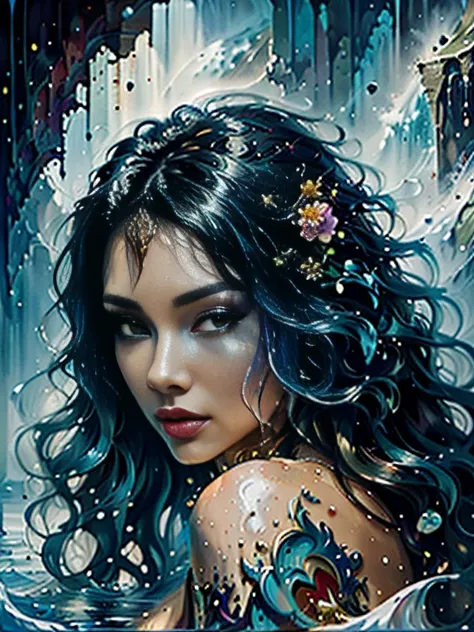 beauty with long wavy blue hair and various colored flowers floating in water, beautiful beauty, small breast, beautiful digital illustration, beautiful artwork illustration, beautiful digital artwork, beautiful gorgeous digital art, beautiful digital art,...