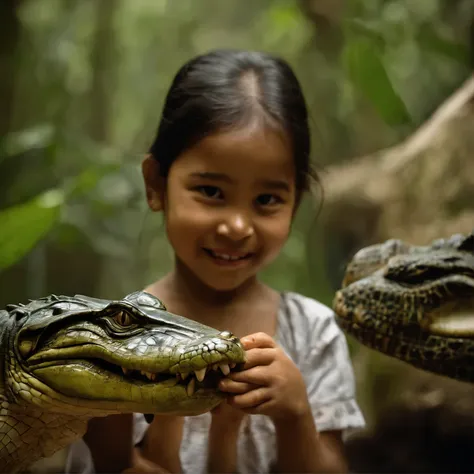 Develop an extraordinarily realistic and cinematic visual representation that captures the energy and emotion of a magical scene, where a joyfuly malay (young girl) runs freely through a lush forest ,lake, while playfully interacting with a majestic big cr...