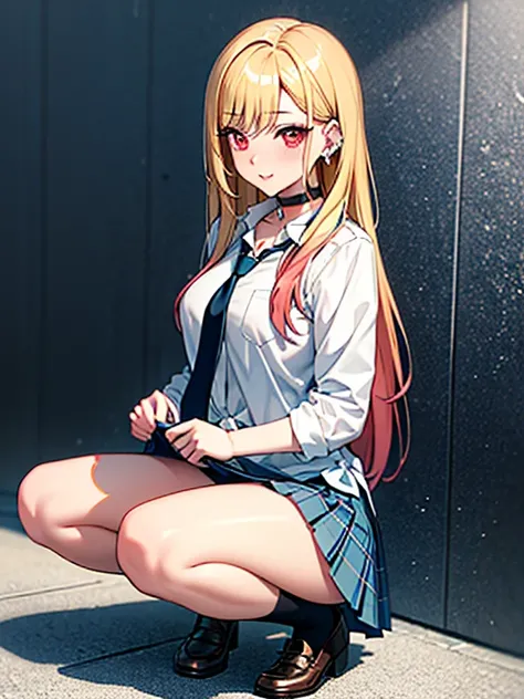 kitagawa marin, Solo, girl, blonde hair, long hair, multicolored hair, red eyes, jewelry, earrings, piercing, school uniform, white shirt, tied shirt, black choker, blue necktie, plaid skirt, skirt lift:1.2, panty shot, Squatting, blush:1.2, Alley, embarra...